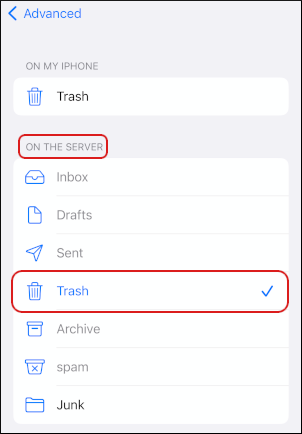 iOS - Mail - Accounts - IMAP - Deleted Mailbox settings
