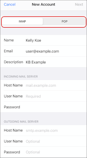 iOS - Mail - Add Mail Account - IMAP or POP