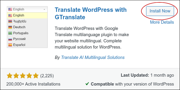 WordPress - GTranslate installation