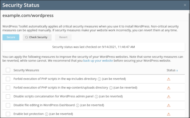 WordPress Toolkit - Security Status page